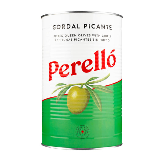 Perelló Pitted Gordal Picante Green Olives 2kg | Spanish Spicy Tapas Olives Bulk Tin
