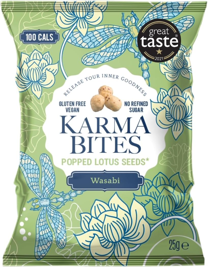 Karma Bites Popped Lotus Seeds Wasabi Flavour 12 x 25g | Vegan Gluten-Free Crunchy Snack