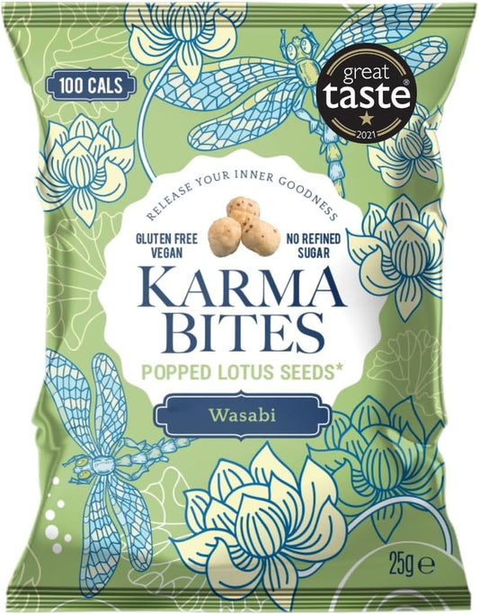 Karma Bites, Popped Lotus Seeds, Gluten Free, Vegan. Wasabi Flavour 12x 25g