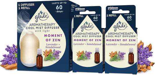 Glade Aromatherapy Cool Mist Diffuser Gift Set, Moment of Zen with Lavender & Sandalwood, 1 Holder + 3 Refills