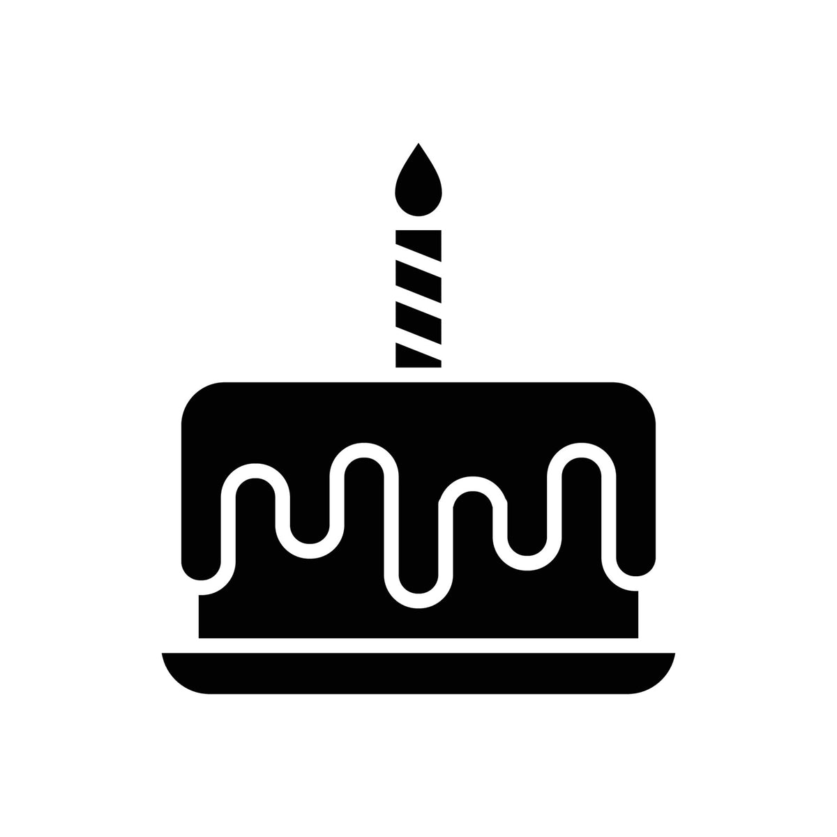 Black icon of a birthday cake with a candle on a white background