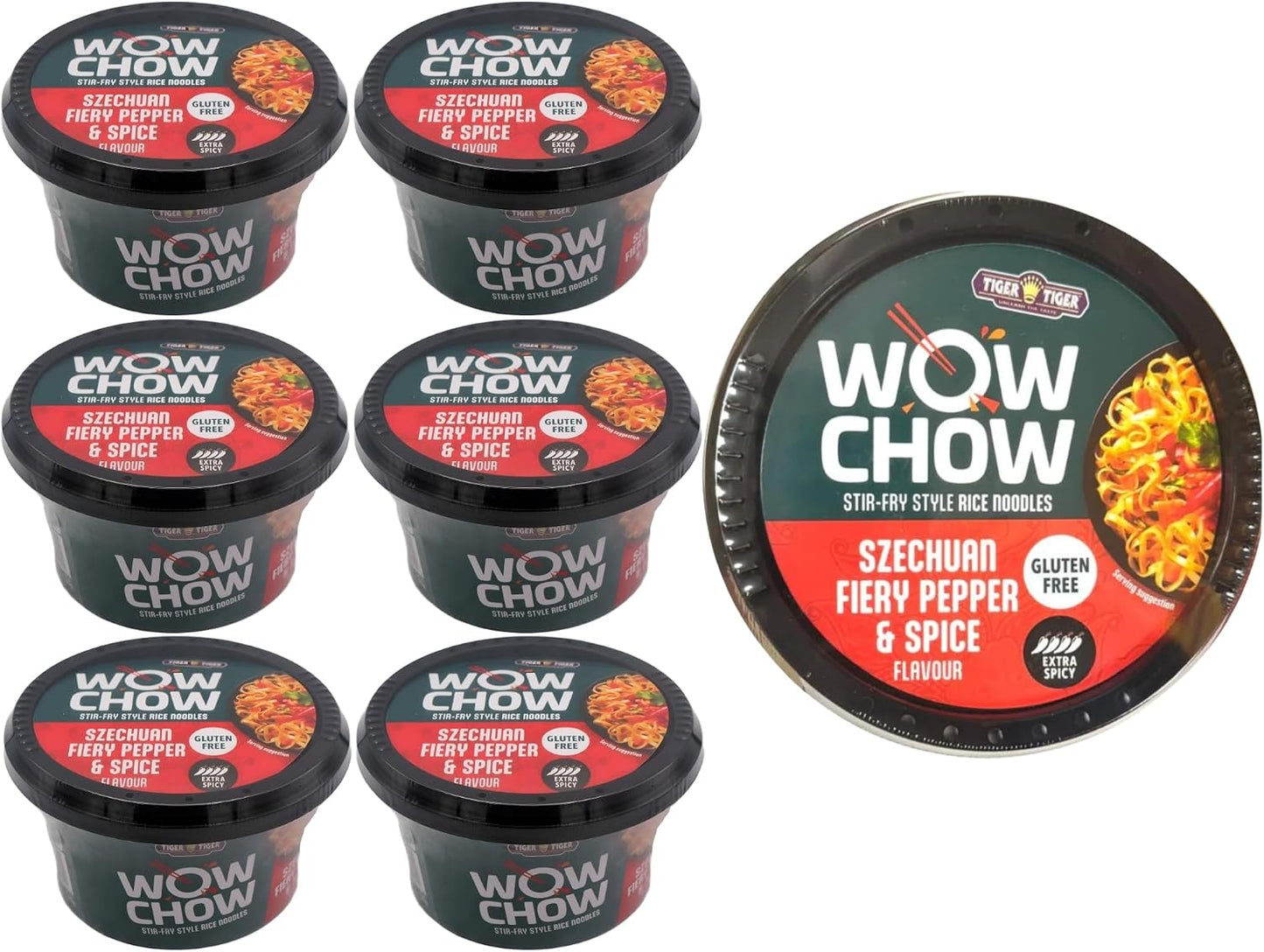 Tiger Tiger WOW CHOW Szechuan Fiery Pepper & Spice Noodles Pot 76g x6 – Stir Fry Style Rice Noodle Pots