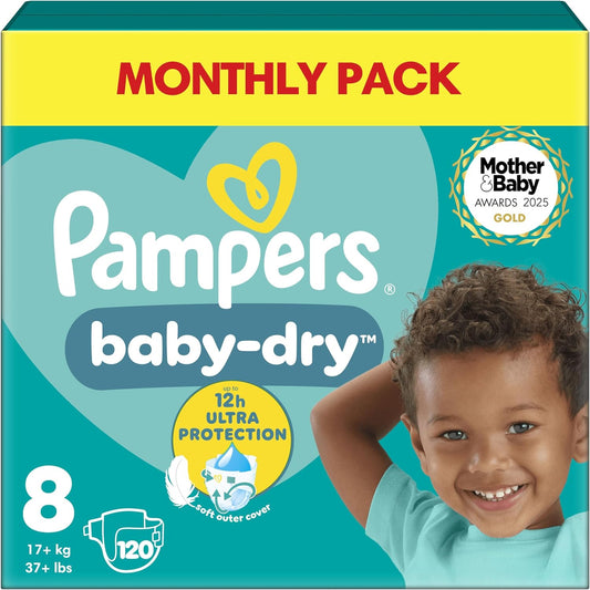 Pampers Baby-Dry Size 8, 120 Nappies, 17kg+, Monthly Pack