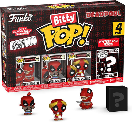 Funko Pop! Dinopool, Deadpool (Barista), Deadpool (Roman Senator), and Mystery Figure