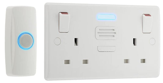 BG Electrical Wireless DoorBell with IP44 Rated Push Button and Double Power Socket