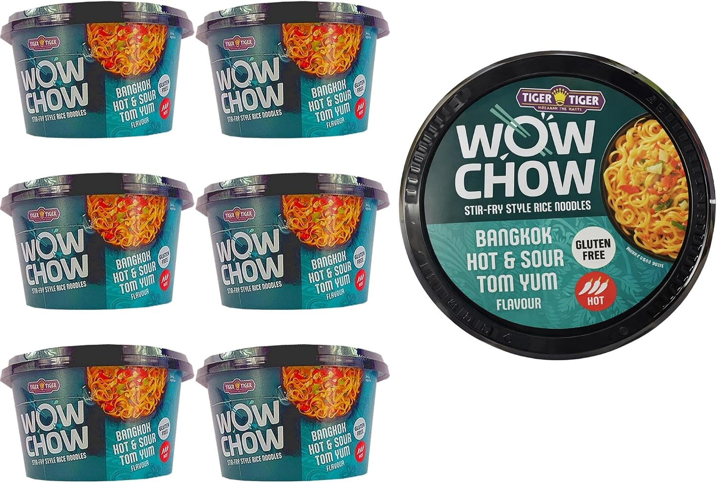Tiger Tiger WOW CHOW Bangkok Hot & Sour Tom Yum Noodles Pot 76g x6 – Stir Fry Style Rice Noodle Pots