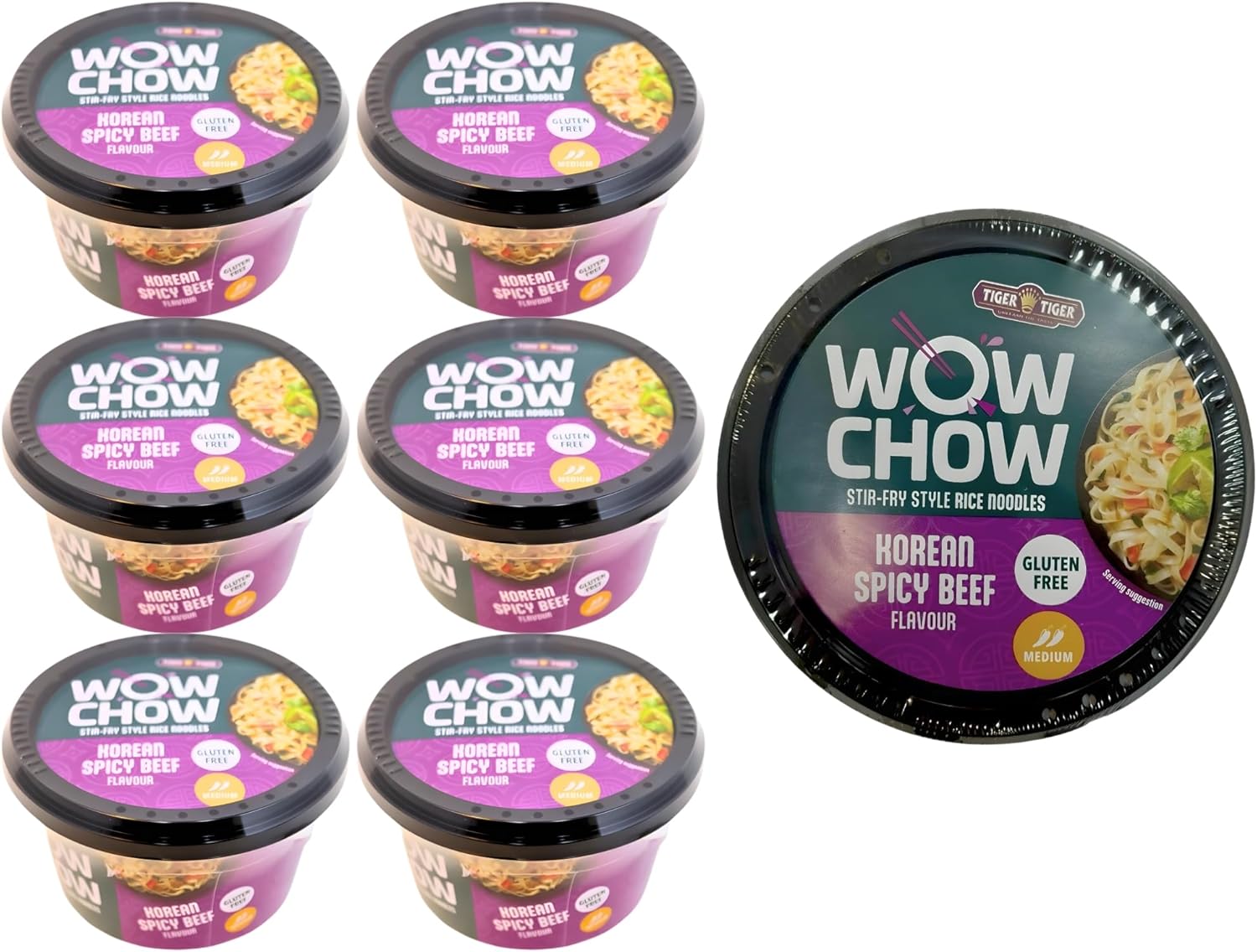 Tiger Tiger WOW CHOW Korean Spicy Beef Noodles Pot 76g x6 – Stir Fry Style Rice Noodle Pots