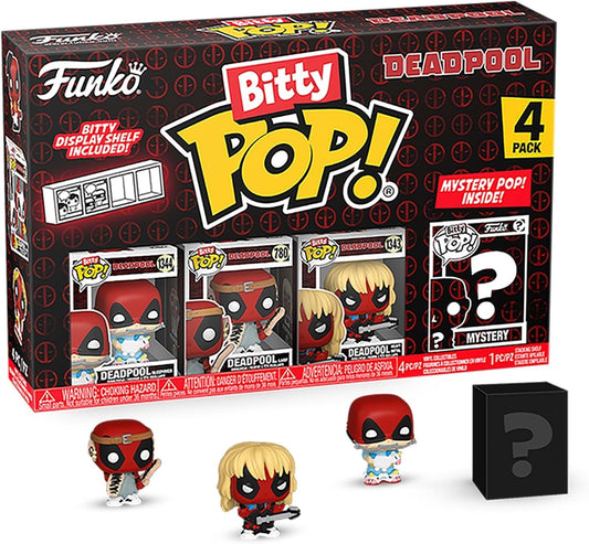 Funko Pop! Deadpool (Sleepover), Deadpool (Larp), Deadpool (Heavy Metal), and Mystery Figure