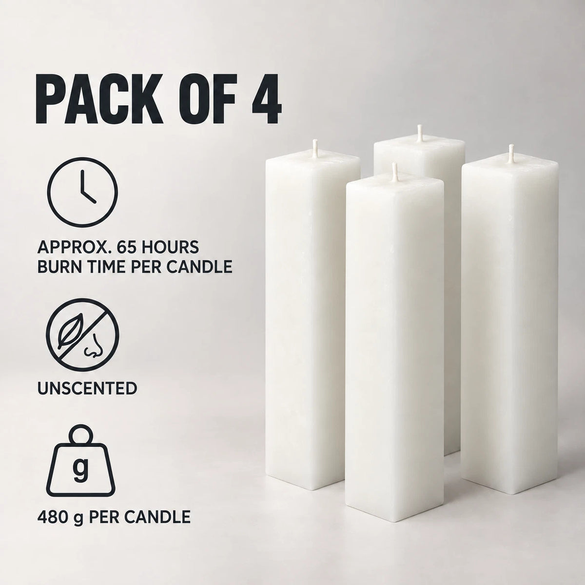 Four white pillar candles on a light gray background with text reading 'PACK OF 4' and icons noting approx. 65 hours burn time, unscented, and 480 g per candle.