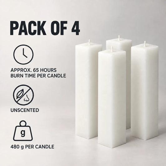 White Tower Candles Unscented Square (Pack of 4) | 65-Hour Burn Time
