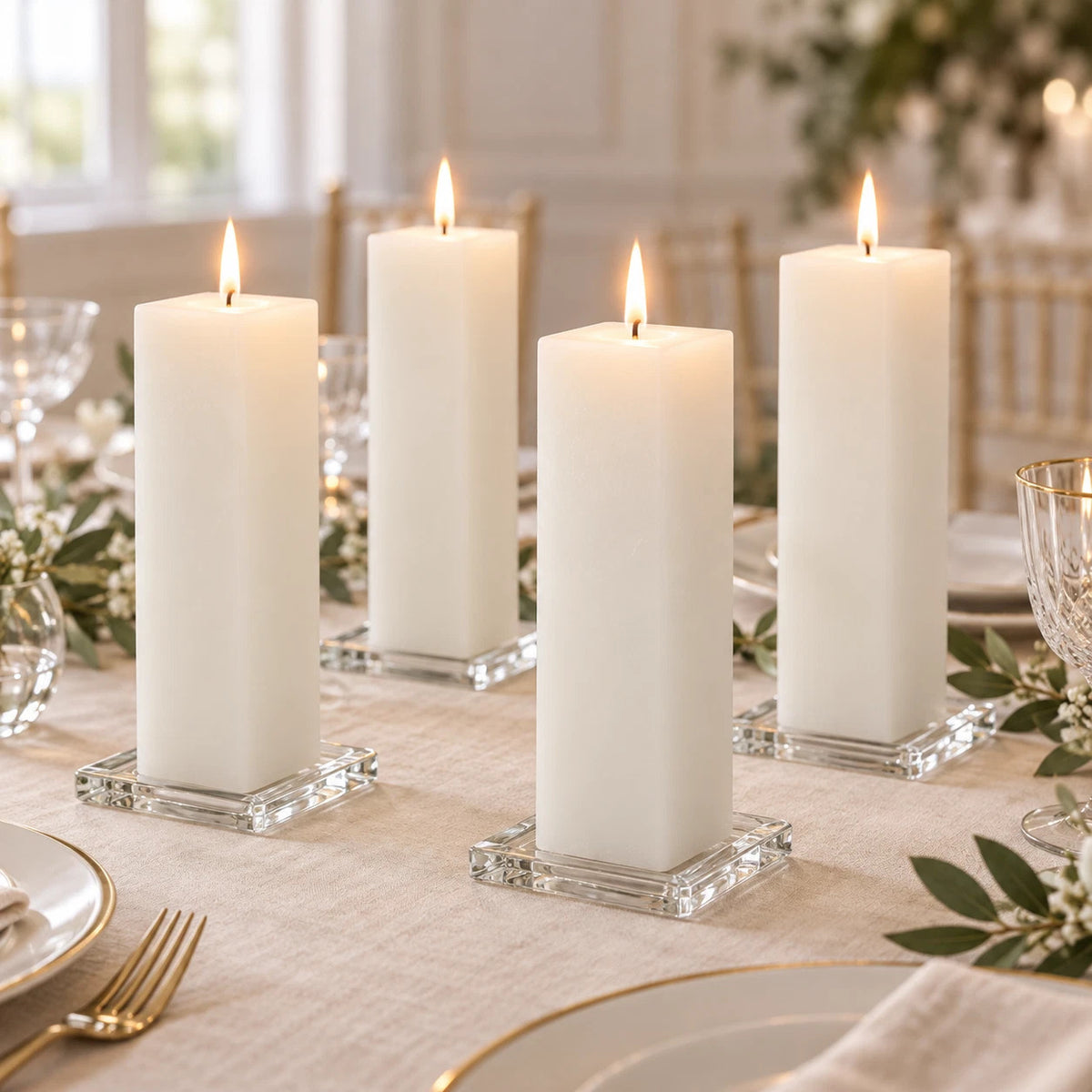 Four white pillar candles in clear square glass holders, lit and arranged on a dining table with plates, glasses, and floral decor in a softly lit indoor setting.