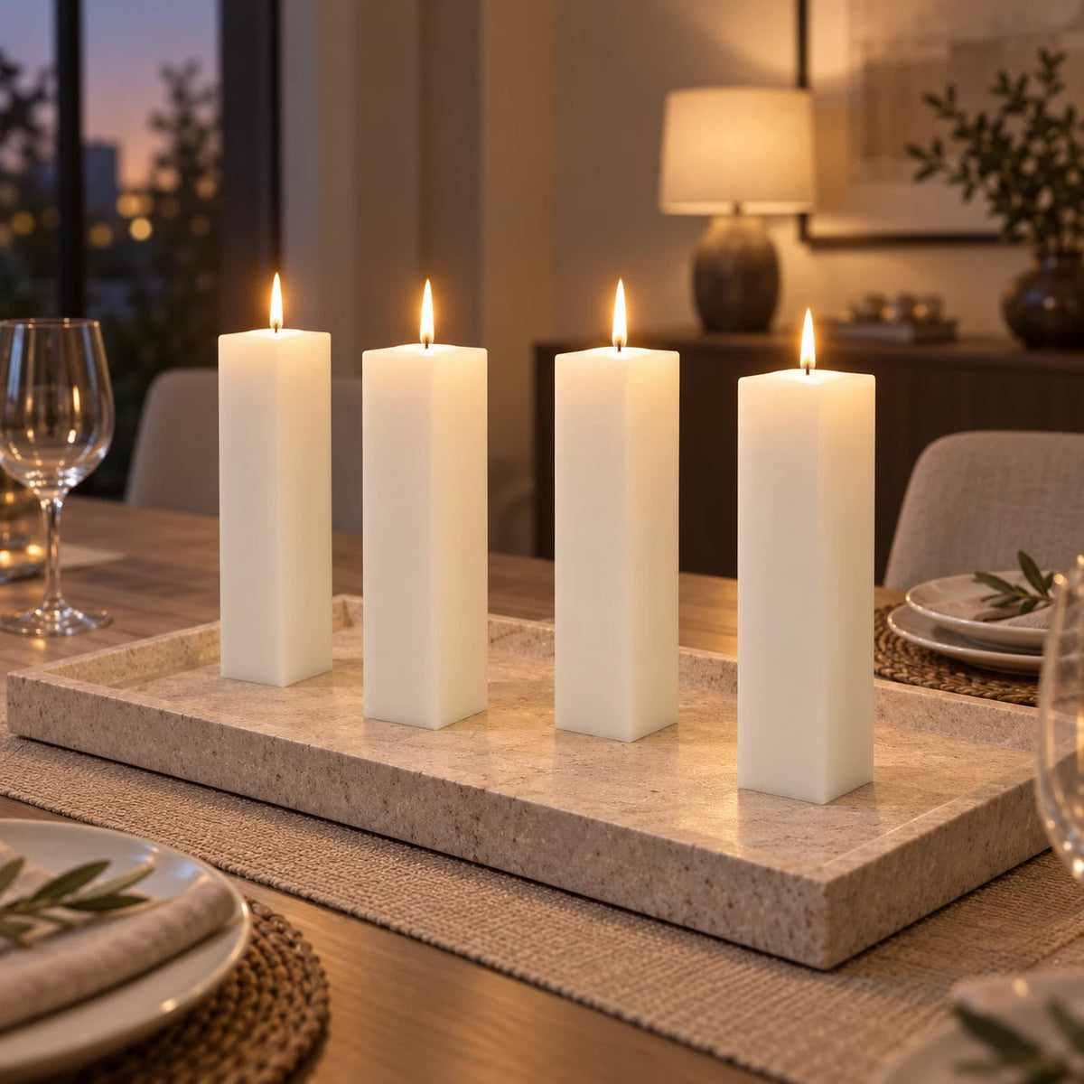 Four tall white pillar candles lit and arranged on a rectangular stone tray on a dining table, with plates, a wine glass, and a softly lit room in the background.
