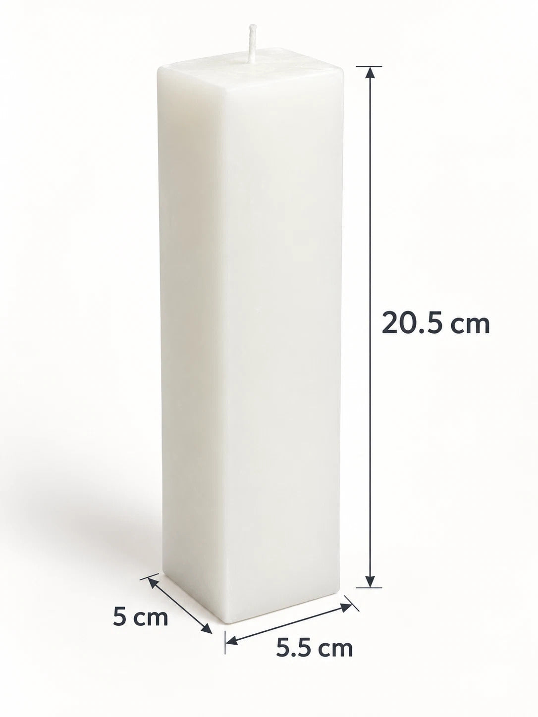 A tall white rectangular pillar candle shown on a white background with dimension labels indicating 20.5 cm height and 5 cm by 5.