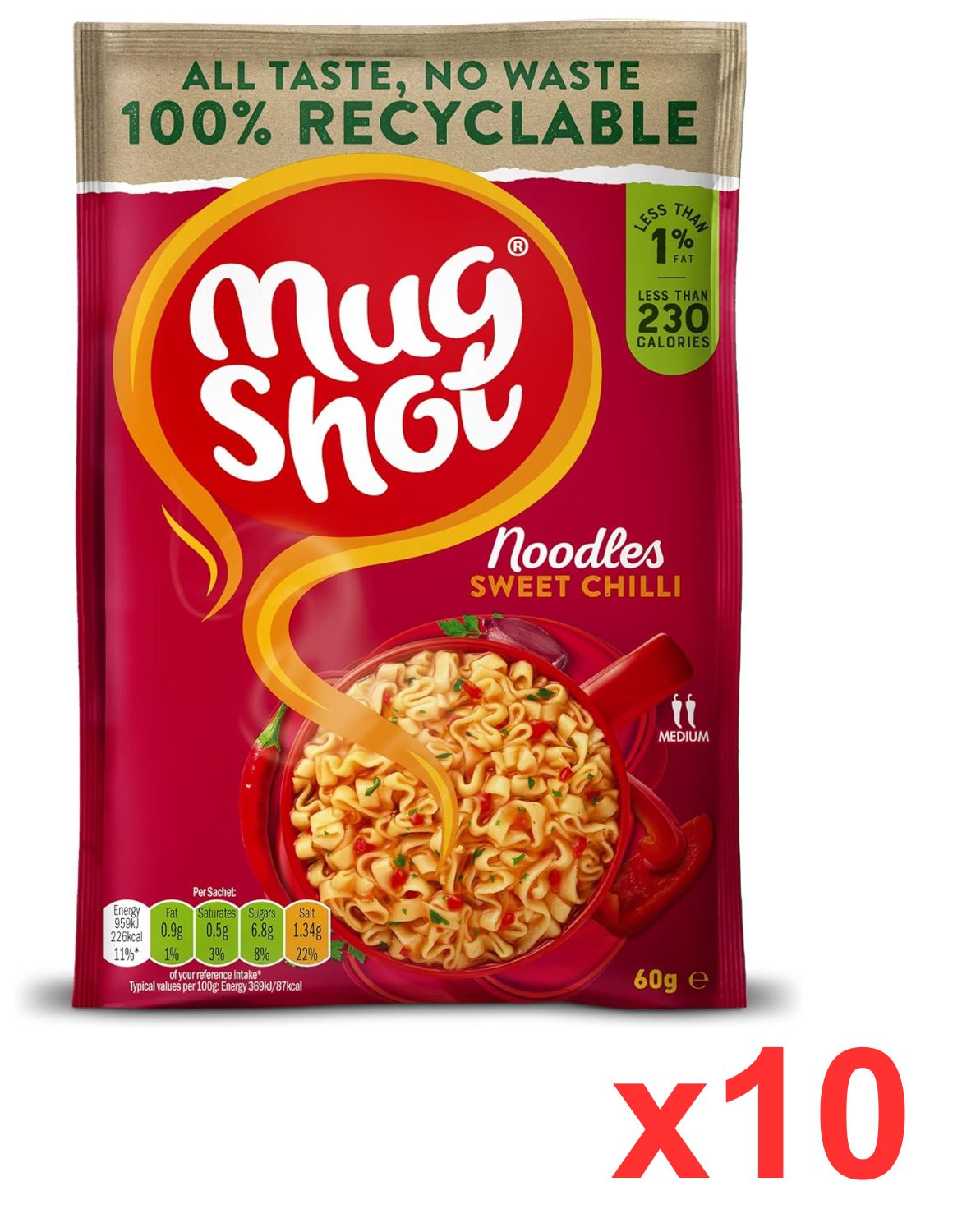 Mug Shot Sweet Chilli Noodles 60g (Pack of 10 sachets) - BBE 31/01/2024