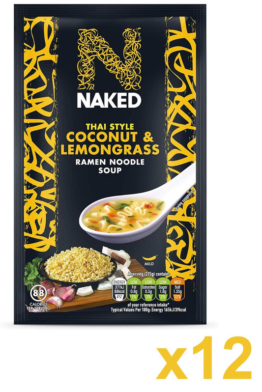 Naked Thai Style Coconut & Lemongrass Ramen Noodle Soup 25g (Pack of 12 sachets) - BBE 31/01/2024